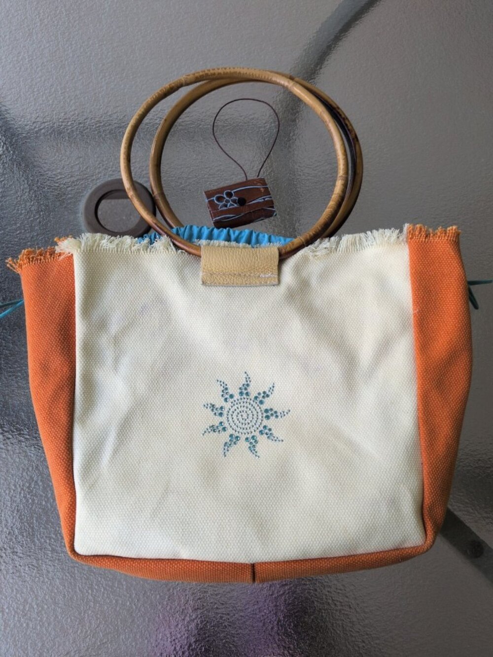 Vintage Gabs Italy Canvas Rhinestone Sun Handbag With Bamboo Handles